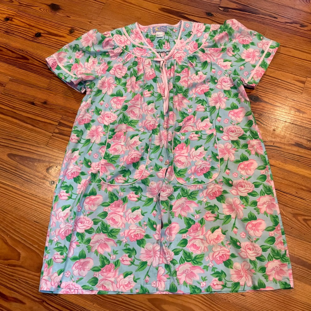 Moon Dance Pink Rose Floral Snap Front House Dress Grandma Duster Blue 2X READ